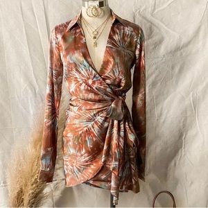 Tie Dye Print Satin Wrap Shirt Dress